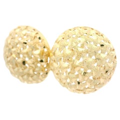 14k Yellow Gold Textured Diamond Cut Open Work Button Omega Earrings