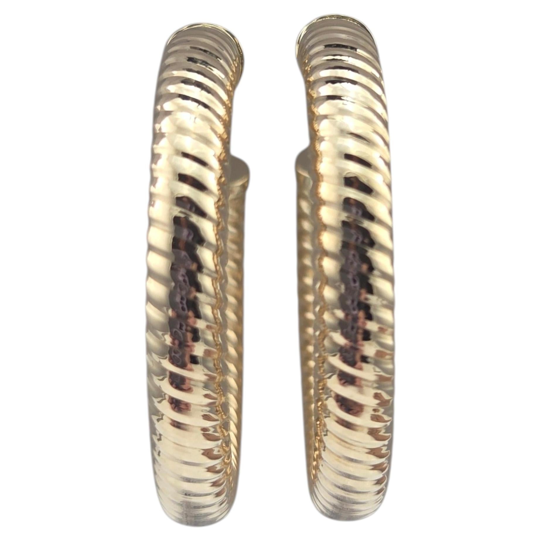 14K Yellow Gold Textured Hoop Earrings #24274 For Sale