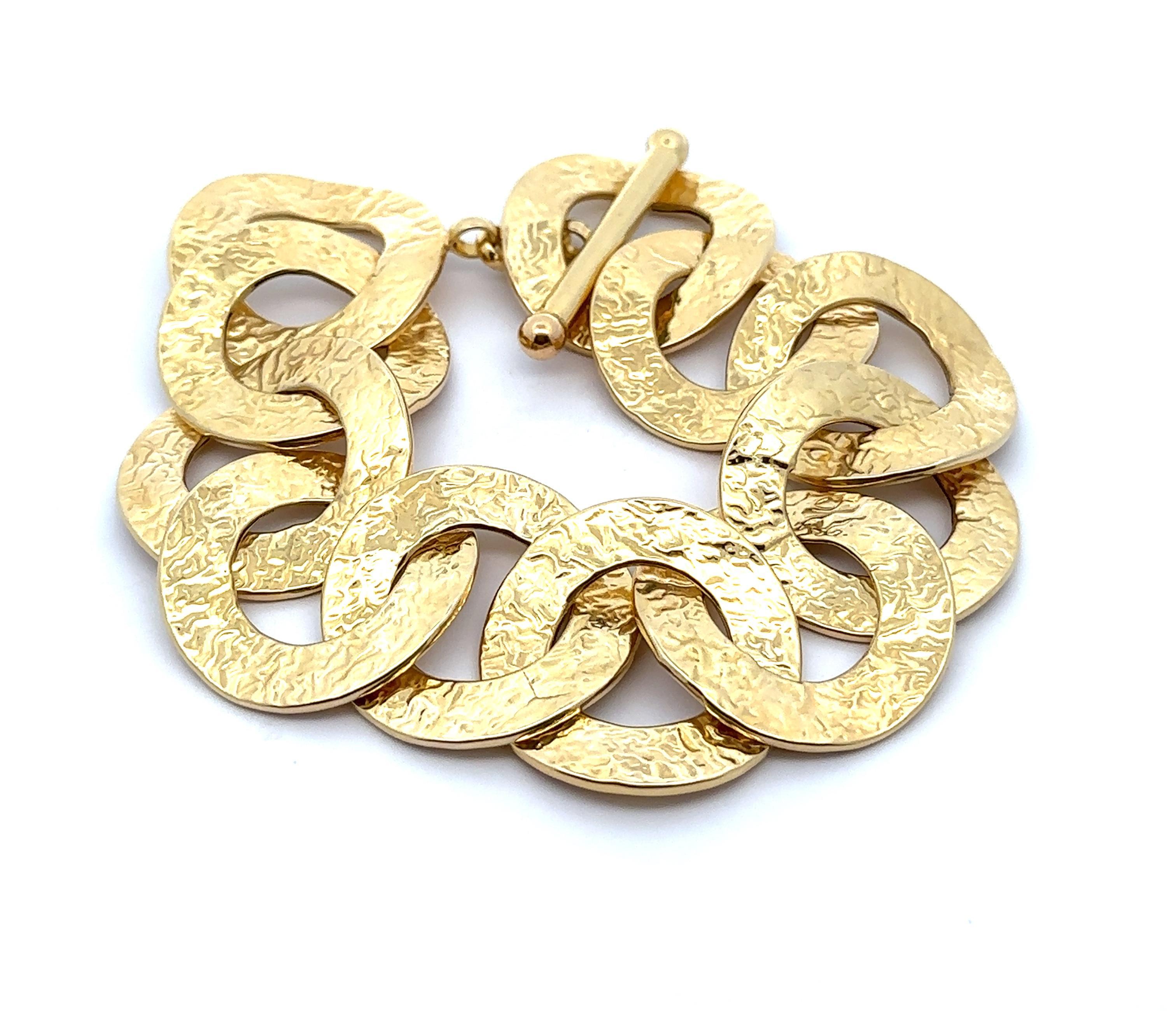 14k Gelbgold texturiert große runde Scheibe Link Armband w / Toggle Clasp im Angebot 2