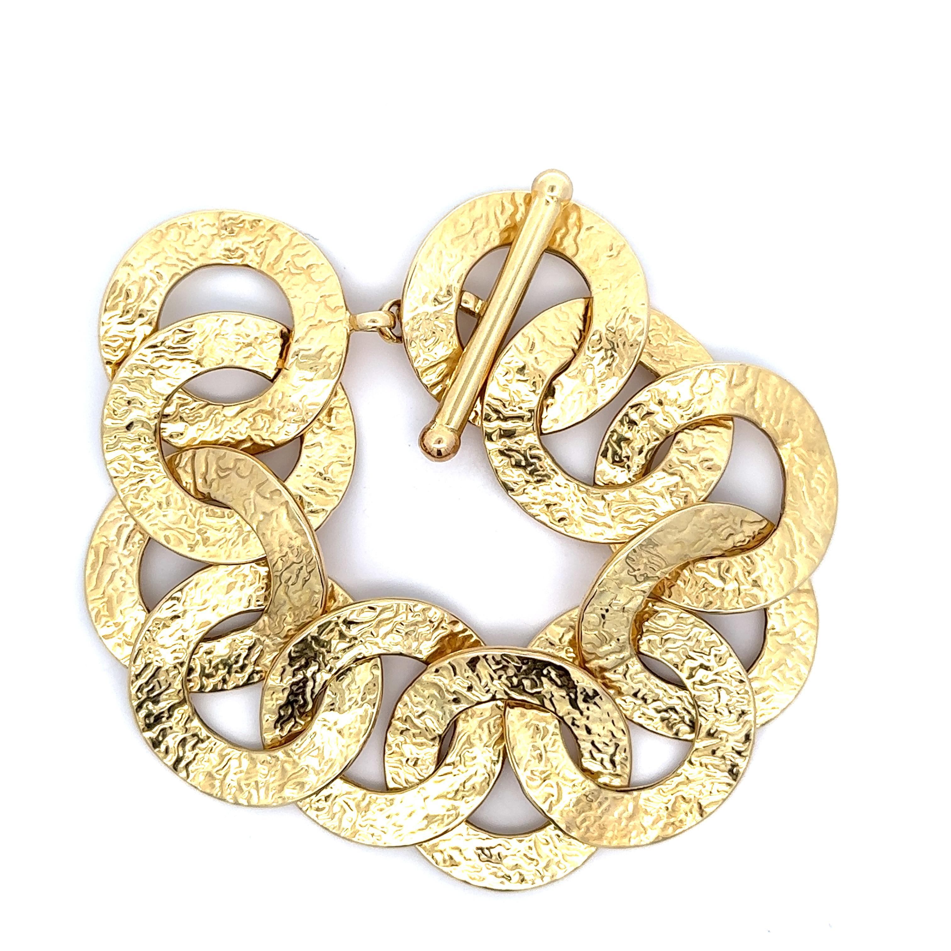 14k Gelbgold texturiert große runde Scheibe Link Armband w / Toggle Clasp im Angebot 3