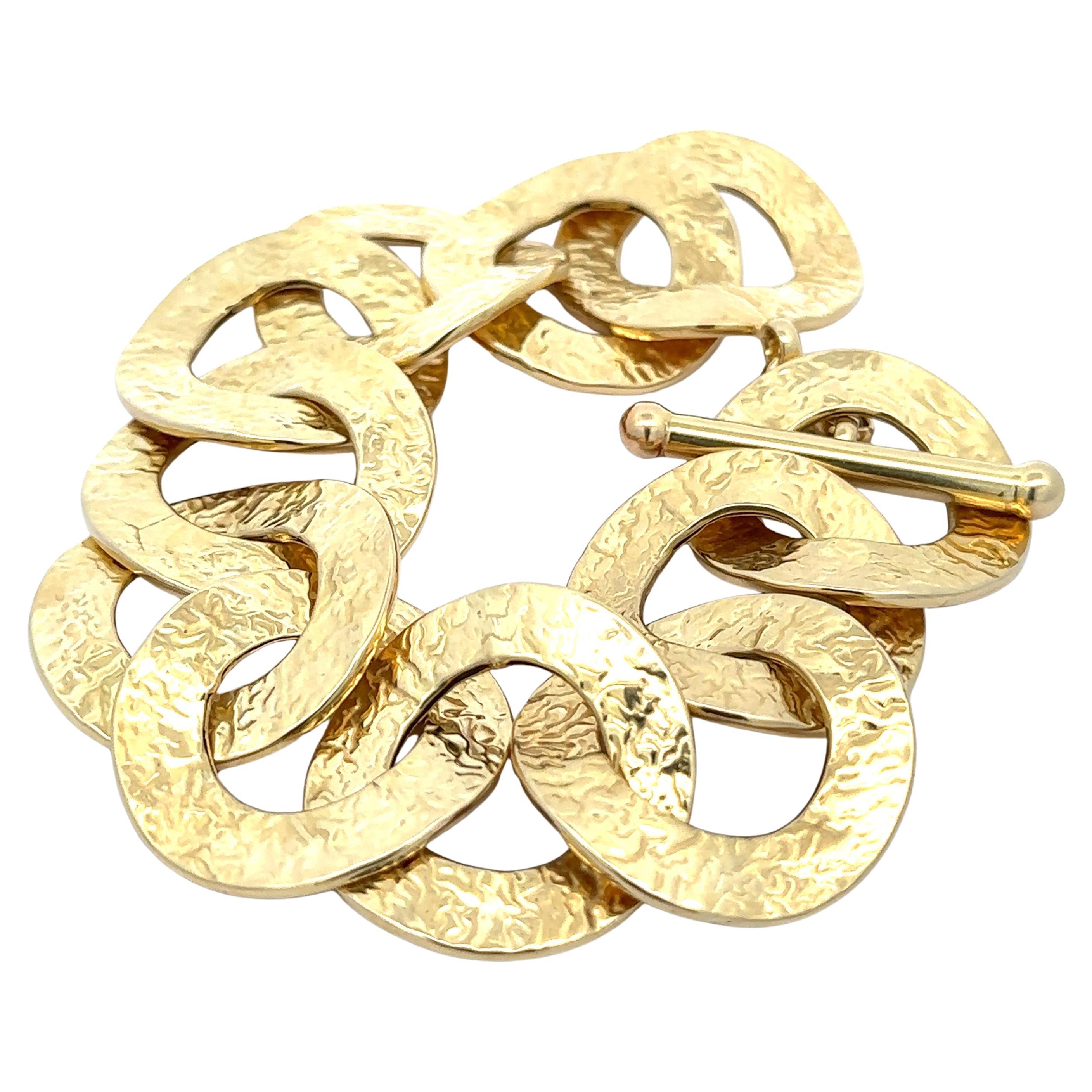 14k Yellow Gold Textured Large Round Disc Link Bracelet w/ Toggle Clasp