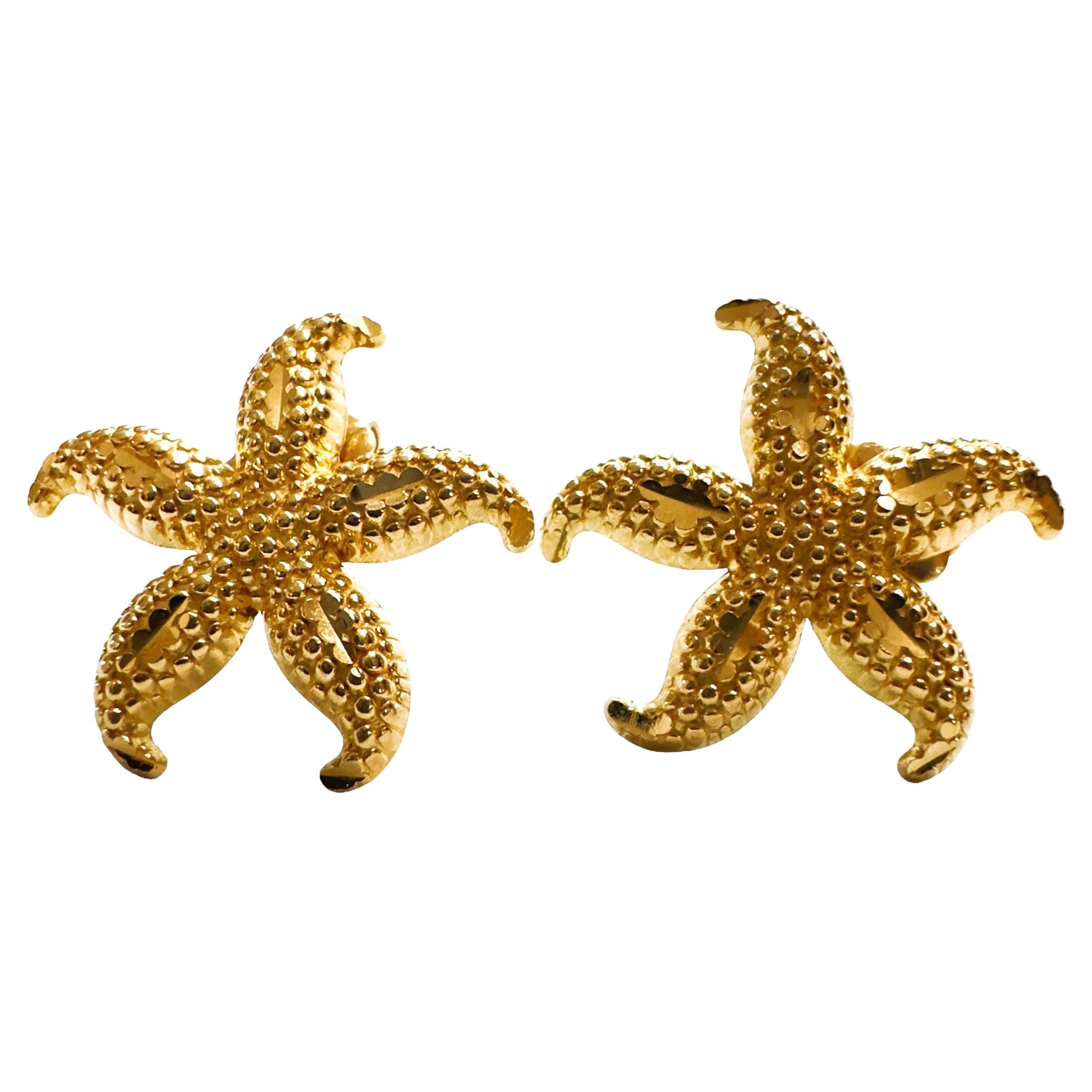14k Yellow Gold Textured & Lasered Starfish Post Earrings 2.92 Grams