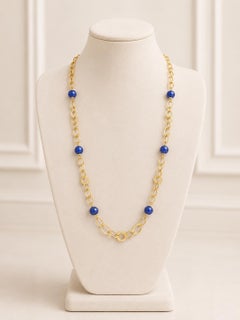 Collier en or jaune 14 carats, chaîne à maillons ouverts texturés de 24 pouces, orné de perles de lapis-lazuli