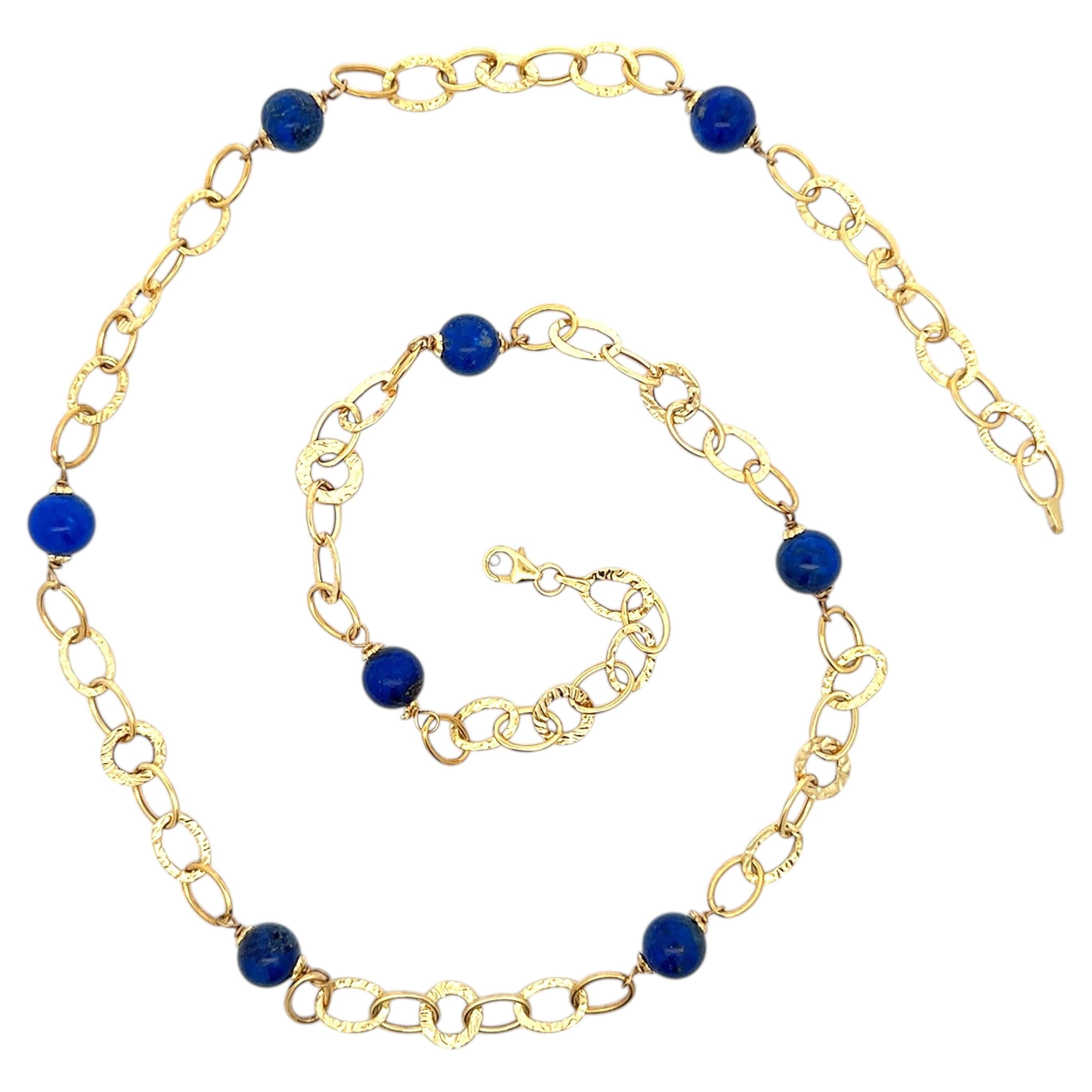 14-karätige Gelbgold-Kette mit strukturierten, offenen Gliedern, 24" lang, mit Lapislazuli-Perlen als Akzente
