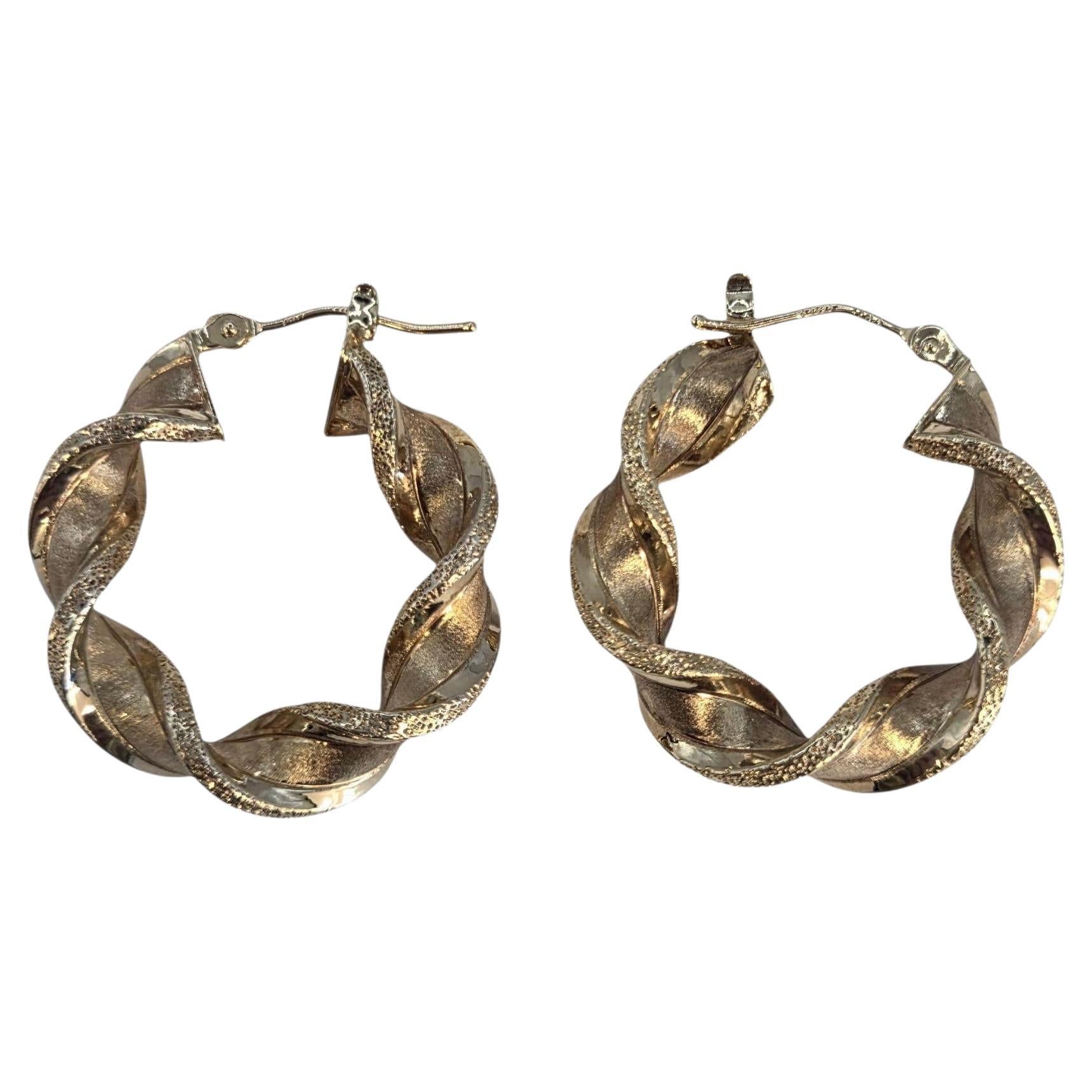14k Yellow Gold Textured Twisted Hoop Earrings #23858