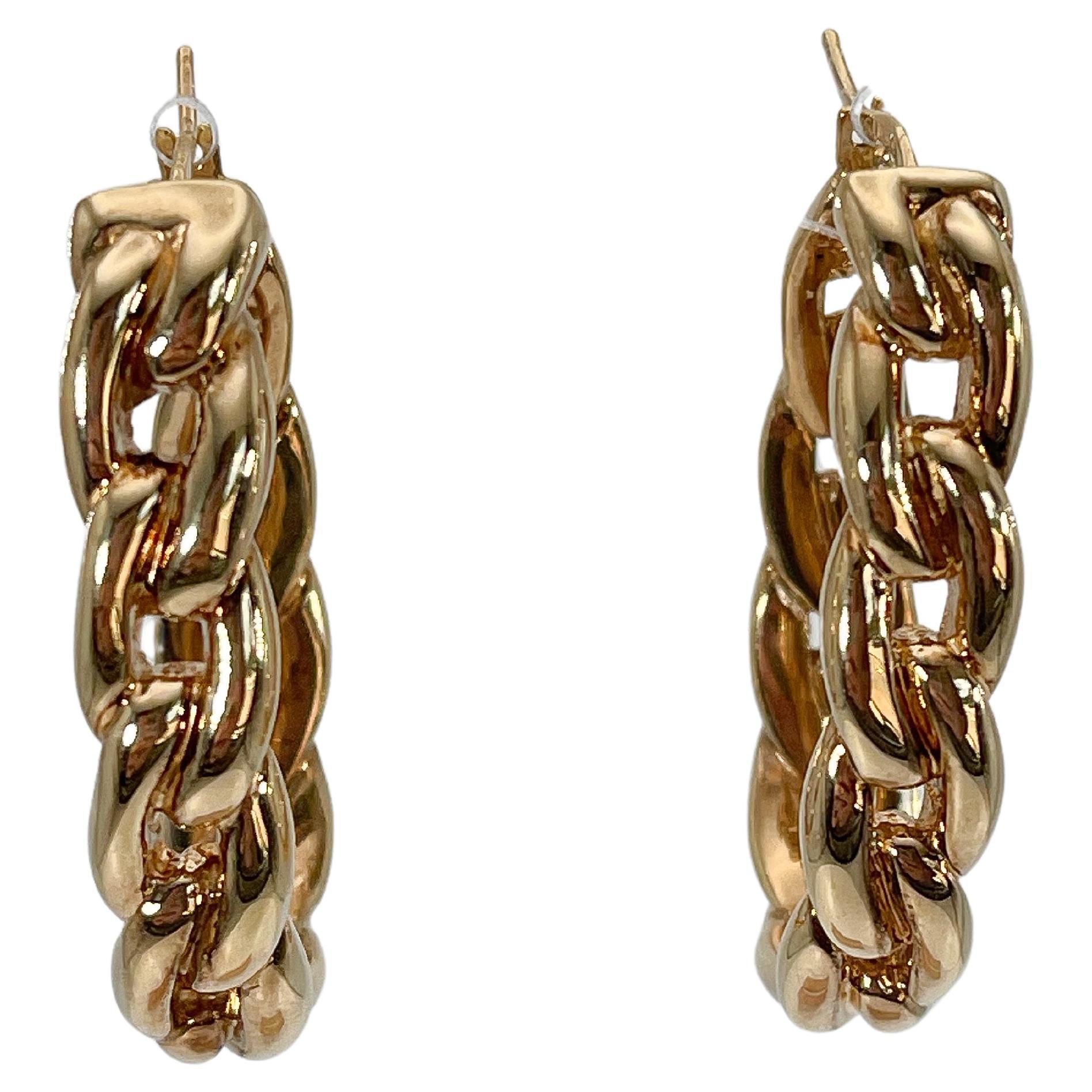 14K Yellow Gold Thick Chain Hoop Earrings 