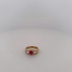 14K Yellow Gold Thick Diamond and Ruby Ring Bezel Set