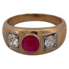 14K Yellow Gold Thick Diamond and Ruby Ring Bezel Set