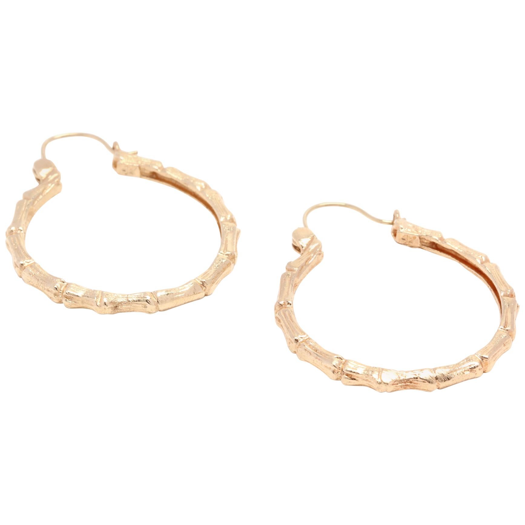 14 Karat Yellow Gold Thin Bamboo Dangle Hoop Earrings