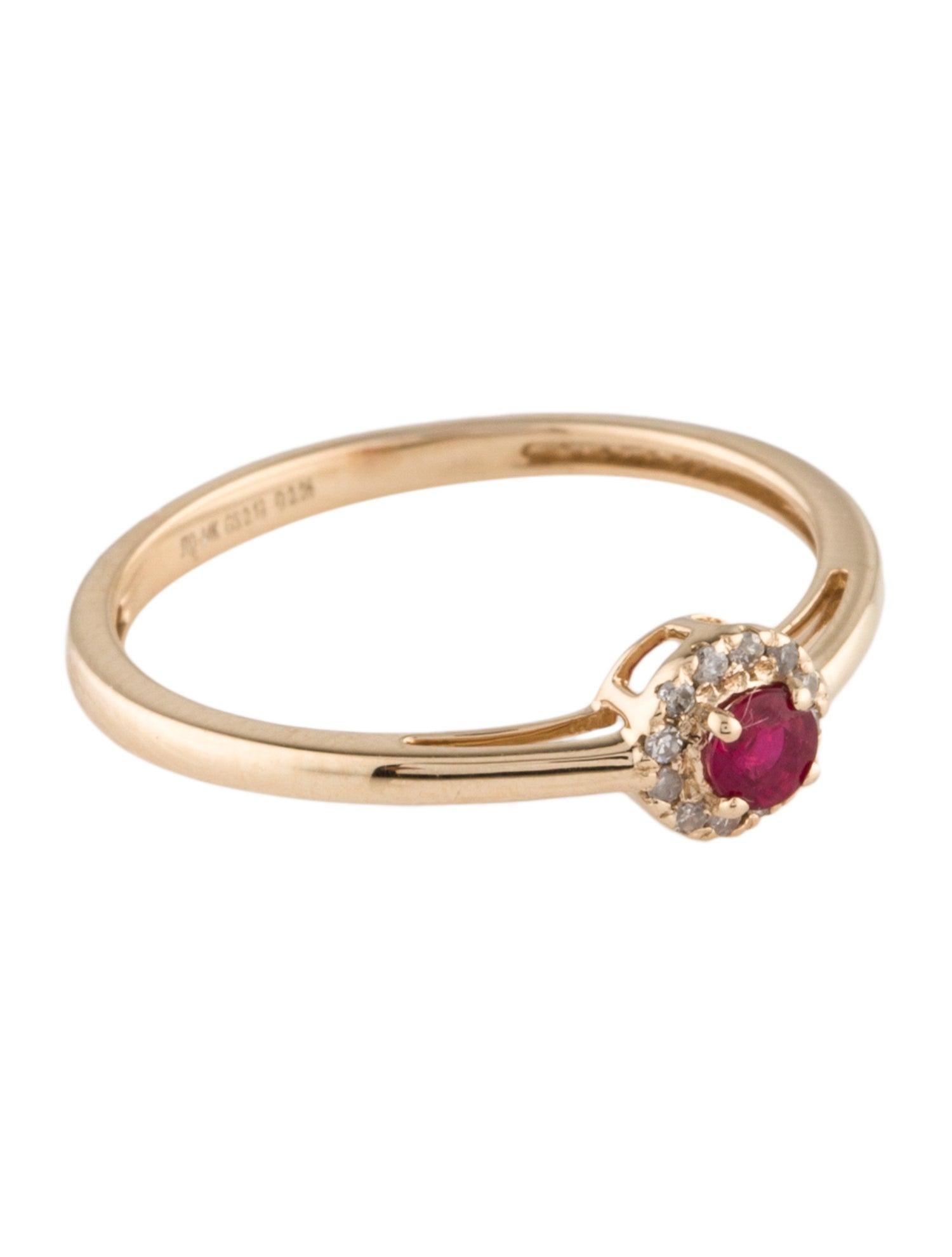 Introducing a delicate masterpiece, our 14K Yellow Gold Thin Cocktail Ring, gracefully featuring a 0.14 Carat Round Modified Brilliant Ruby at its heart, encapsulated by thirteen near colorless, single-cut diamonds totaling 0.06 carats. This