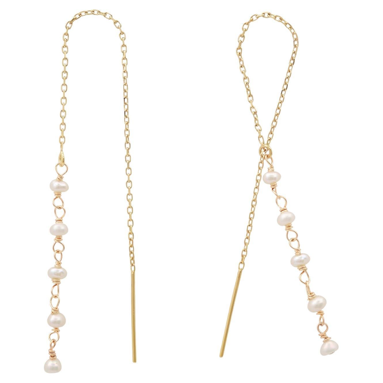 14K Yellow Gold Threader Earrings with Pearl For Sale