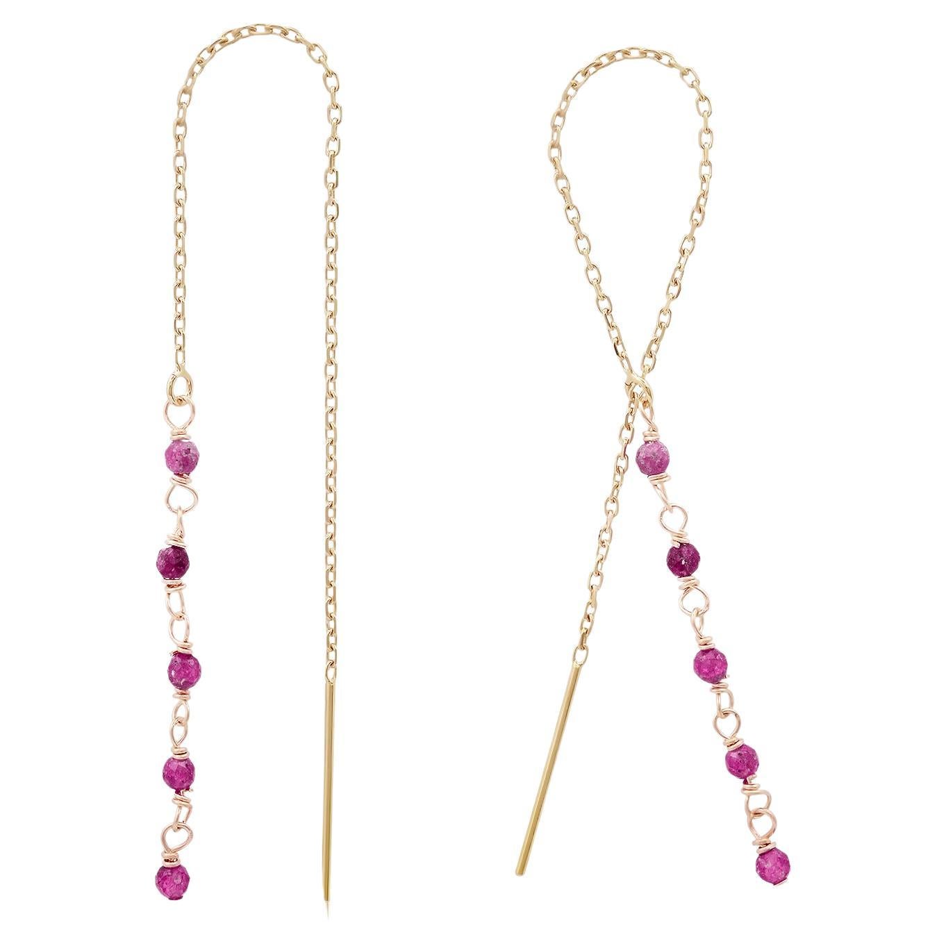 14K Yellow Gold Threader Earrings with Ruby For Sale
