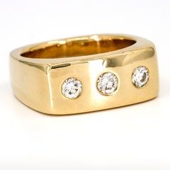 14 Karat Yellow Gold Three Diamond Cushion Men's Band Ring