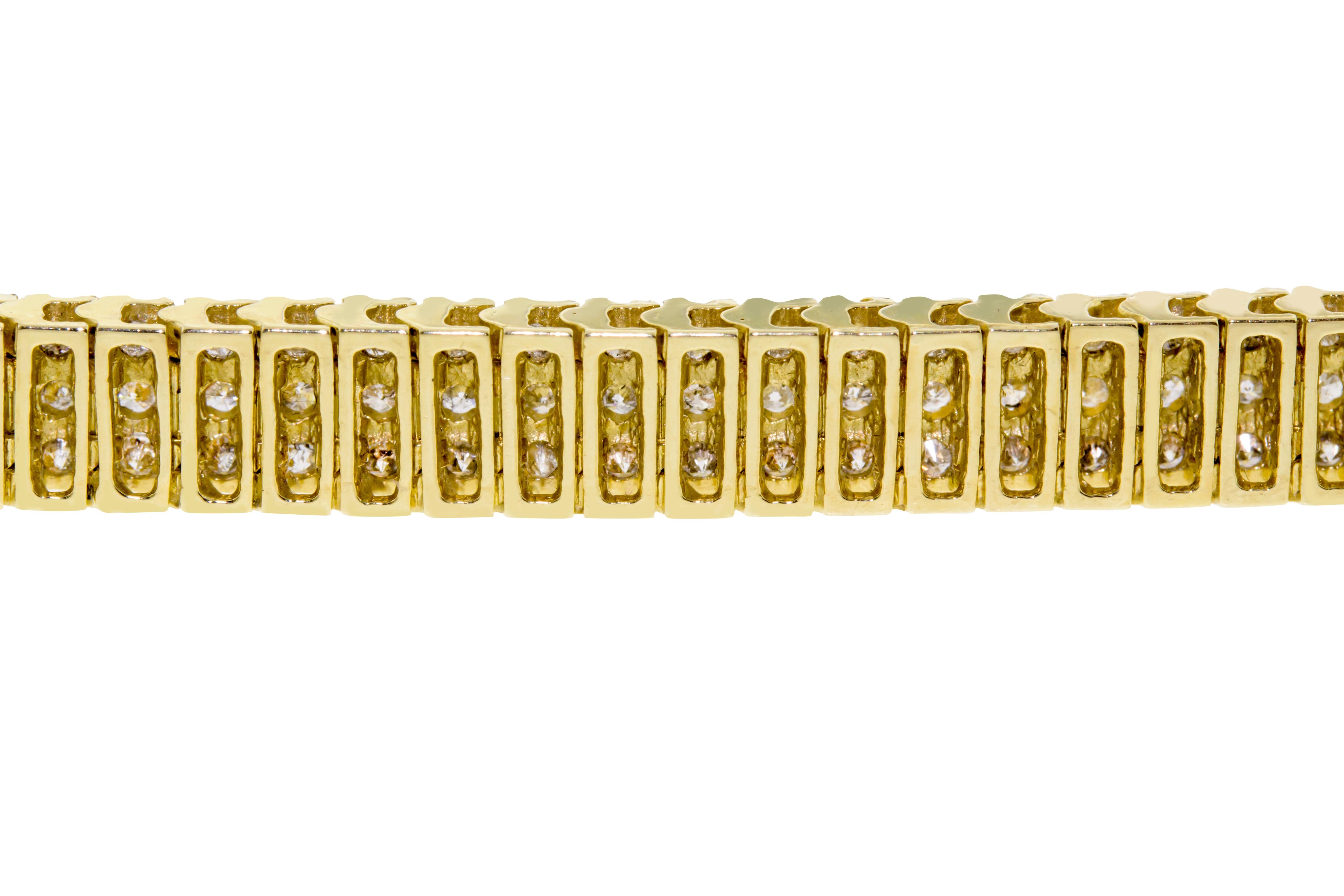 Contemporary 14 Karat Yellow Gold Three-Row Diamond Tennis Bracelet