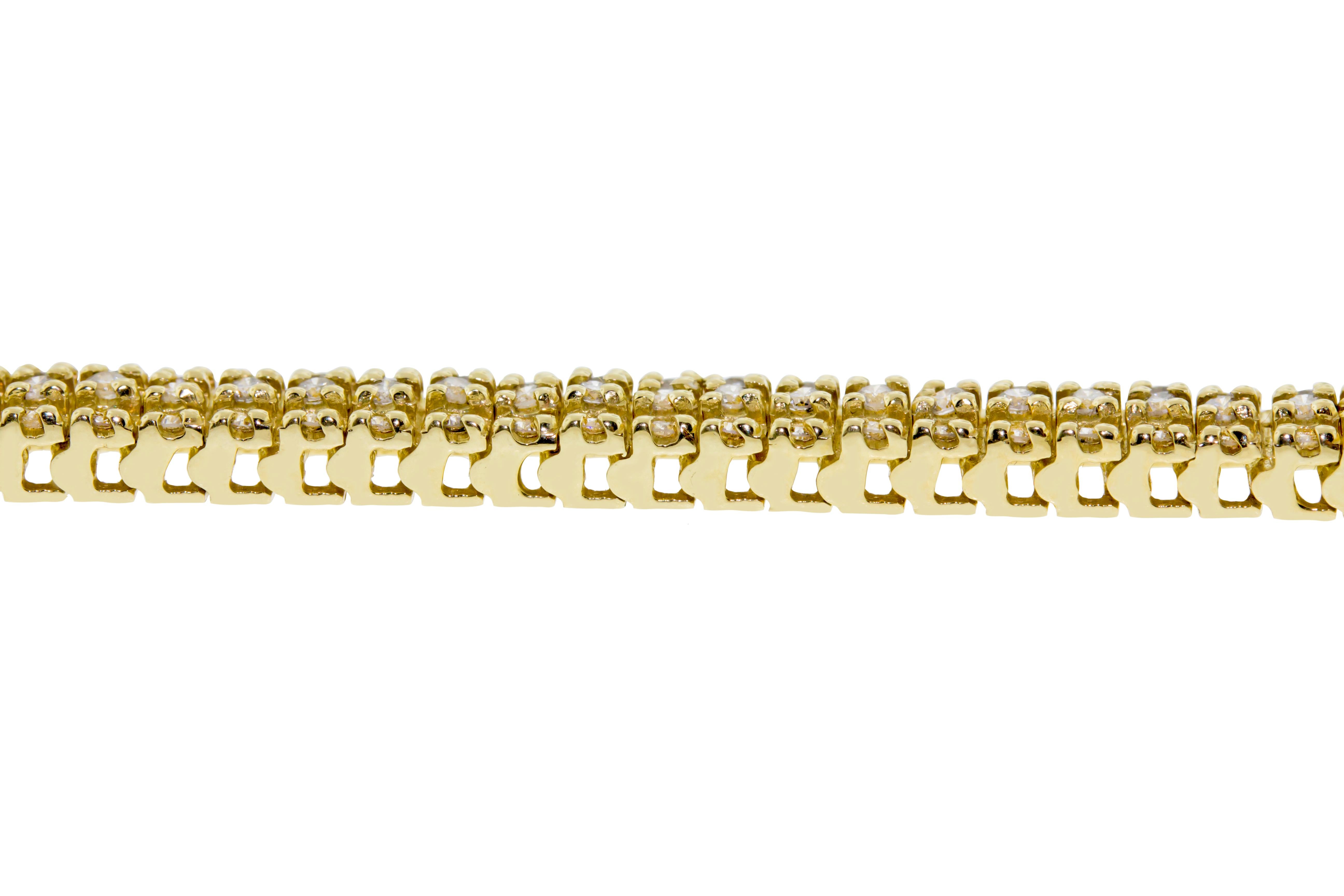 Round Cut 14 Karat Yellow Gold Three-Row Diamond Tennis Bracelet