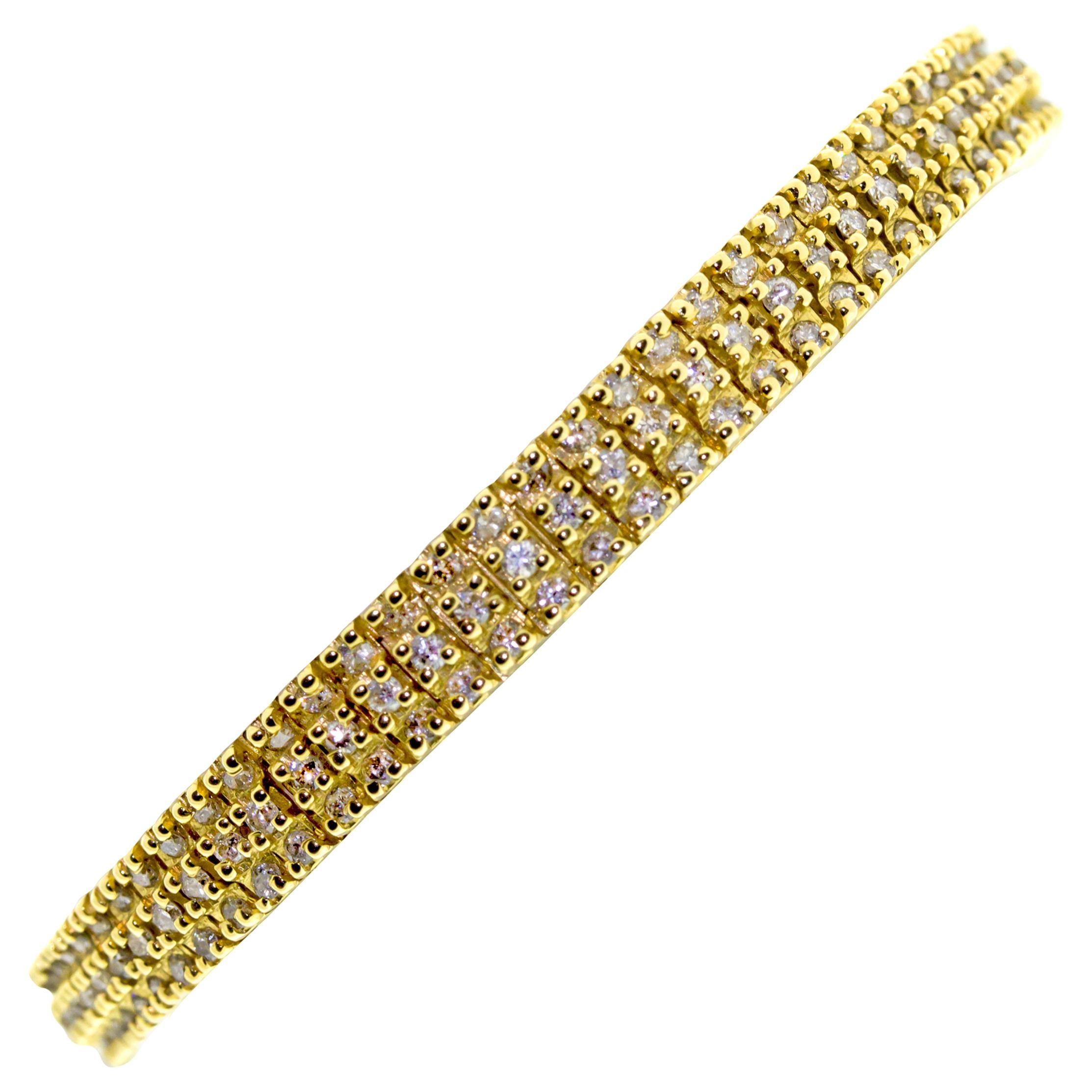 14 Karat Yellow Gold Three-Row Diamond Tennis Bracelet