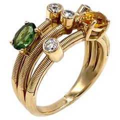 14K Yellow Gold Three Row Ring with Green Tourmaline & Citrine Stone