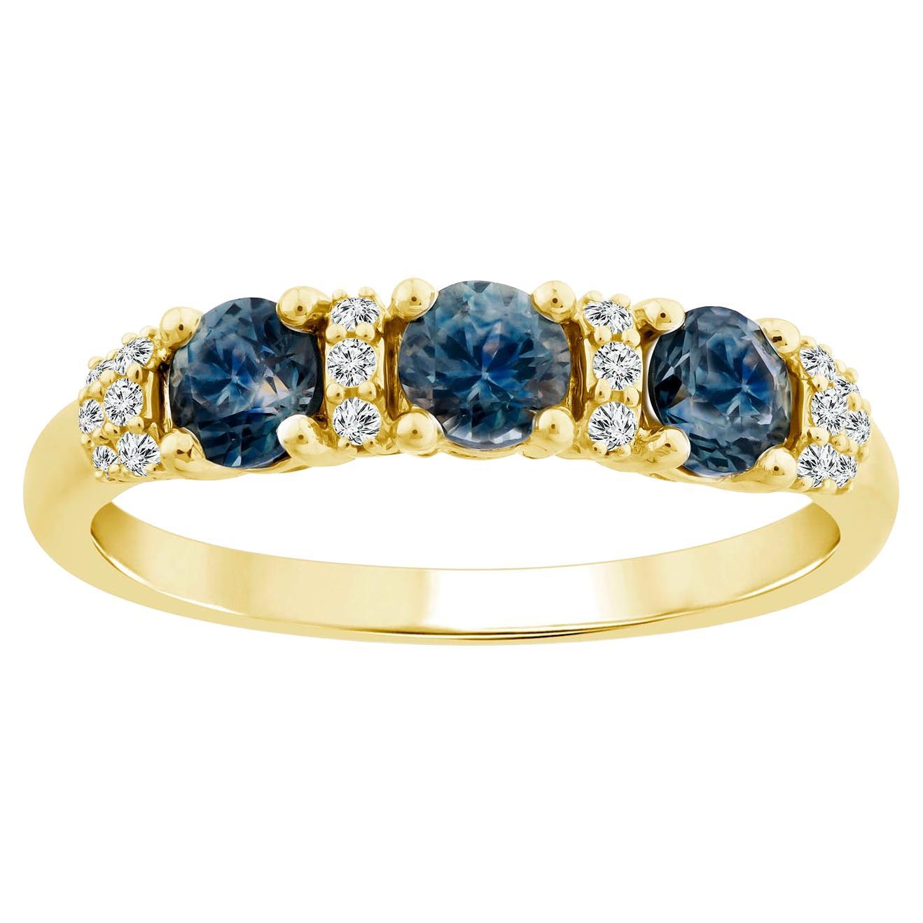 14K Yellow Gold Three Stone Blue Sapphire and Diamond Band Ring For Sale