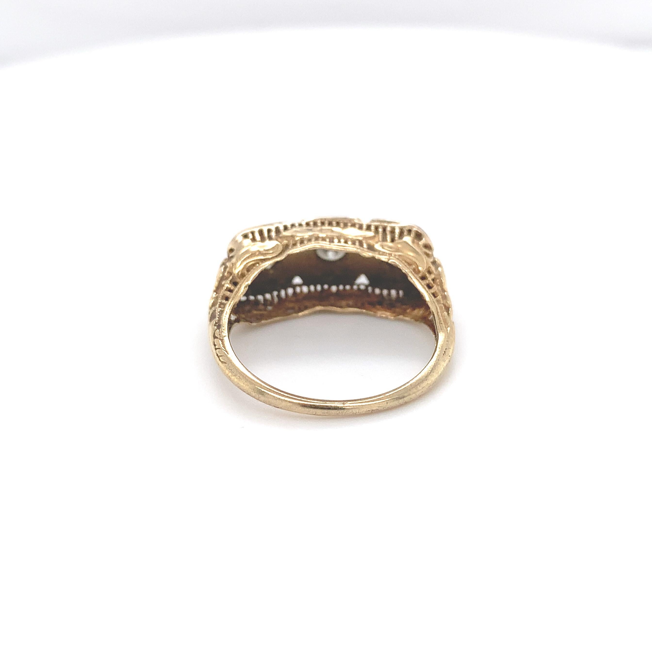 Women's 14K Yellow Gold Three Stone Diamond Filigree Ring For Sale