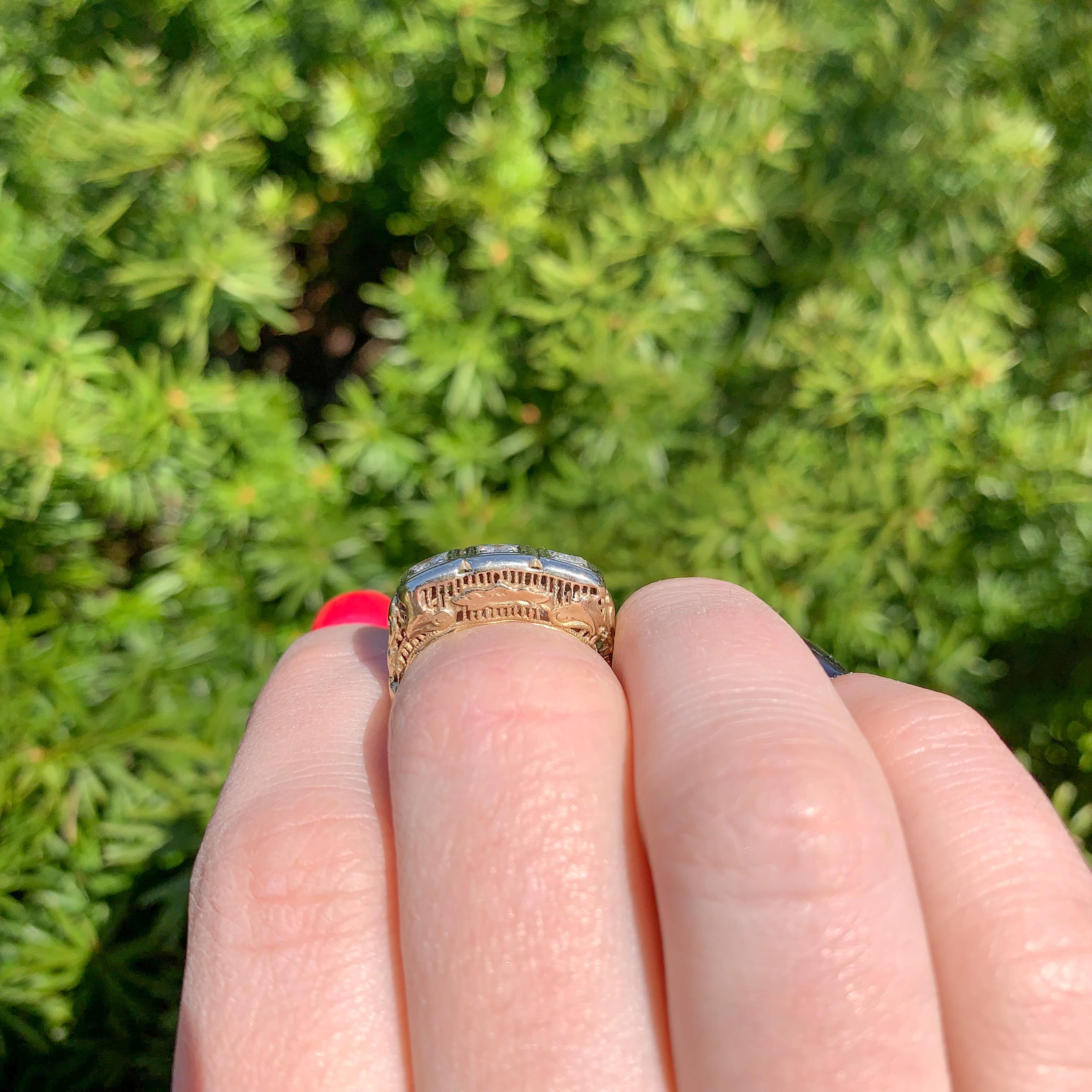 14K Yellow Gold Three Stone Diamond Filigree Ring For Sale 3