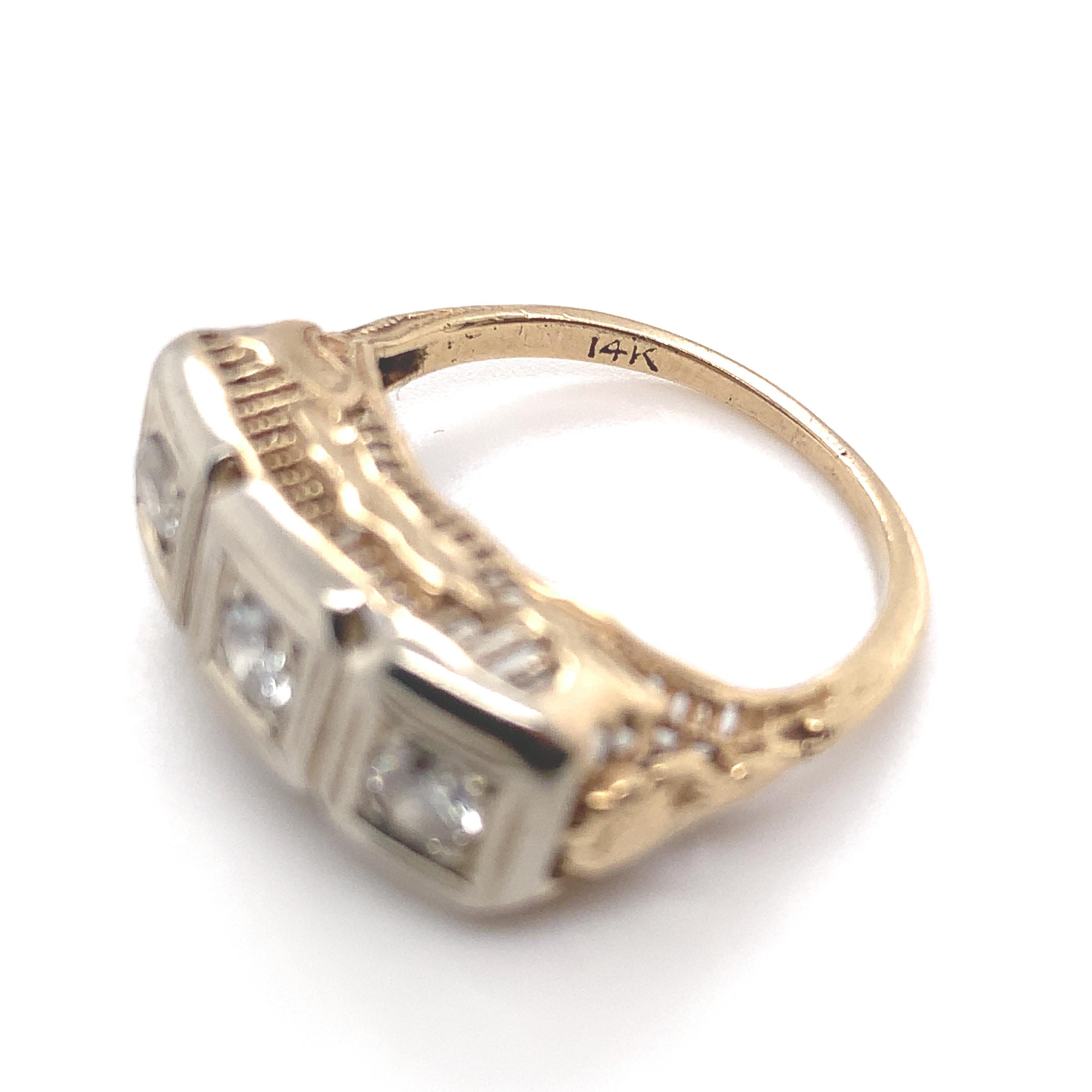 14K Yellow Gold Three Stone Diamond Filigree Ring For Sale 4