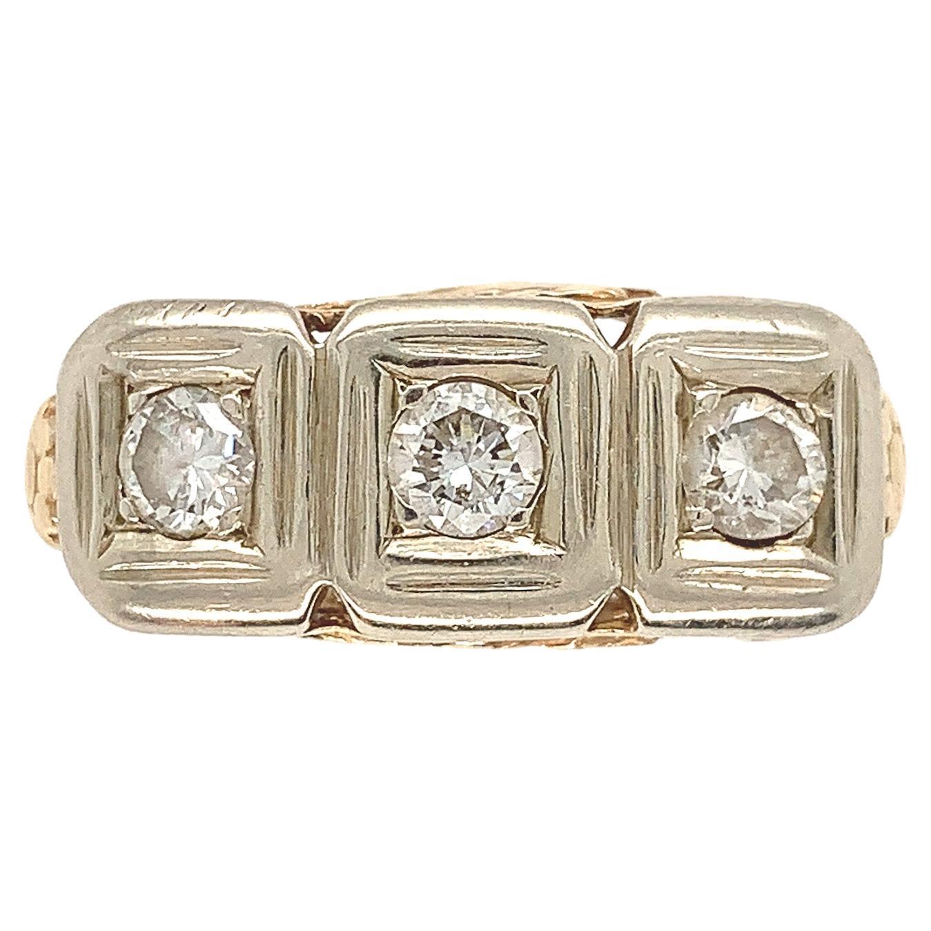 14K Yellow Gold Three Stone Diamond Filigree Ring