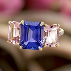 14K Yellow Gold Three Stone Halo Ring Pink Morganite & Tanzanite Diamond Ring