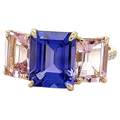 14K Yellow Gold Three Stone Halo Ring Pink Morganite & Tanzanite Diamond Ring