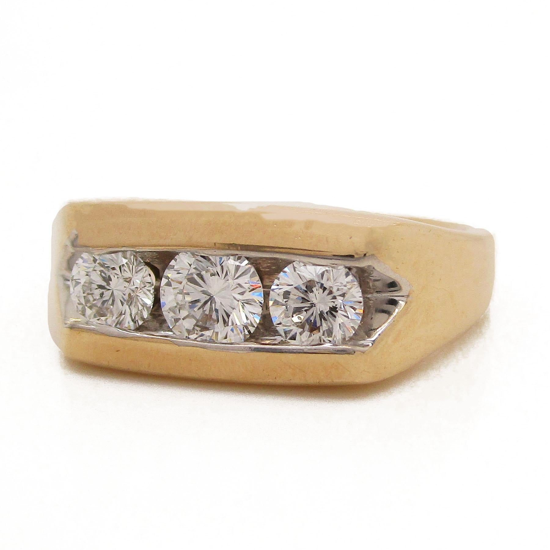 This absolutely incredible ring is a signed Leo Diamond piece by Leo Schachter Diamond Incorporated! The three diamonds are G in color, VS2 in clarity, and round in cut. Leo Diamonds are certified and designed to be visibly brighter. These diamonds