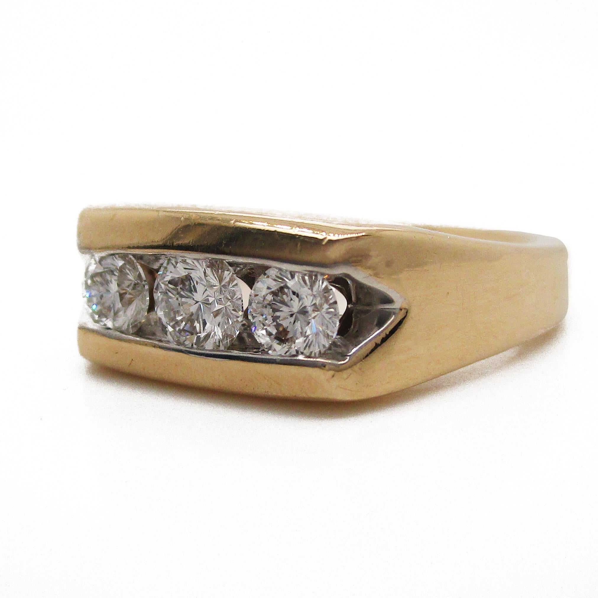 Brilliant Cut 14 Karat Yellow Gold Three-Stone Leo Diamond Ring