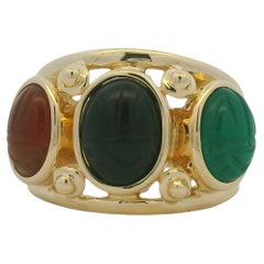 14K Yellow Gold Three Stone Oval Cabochon Scarab Ring In Stock