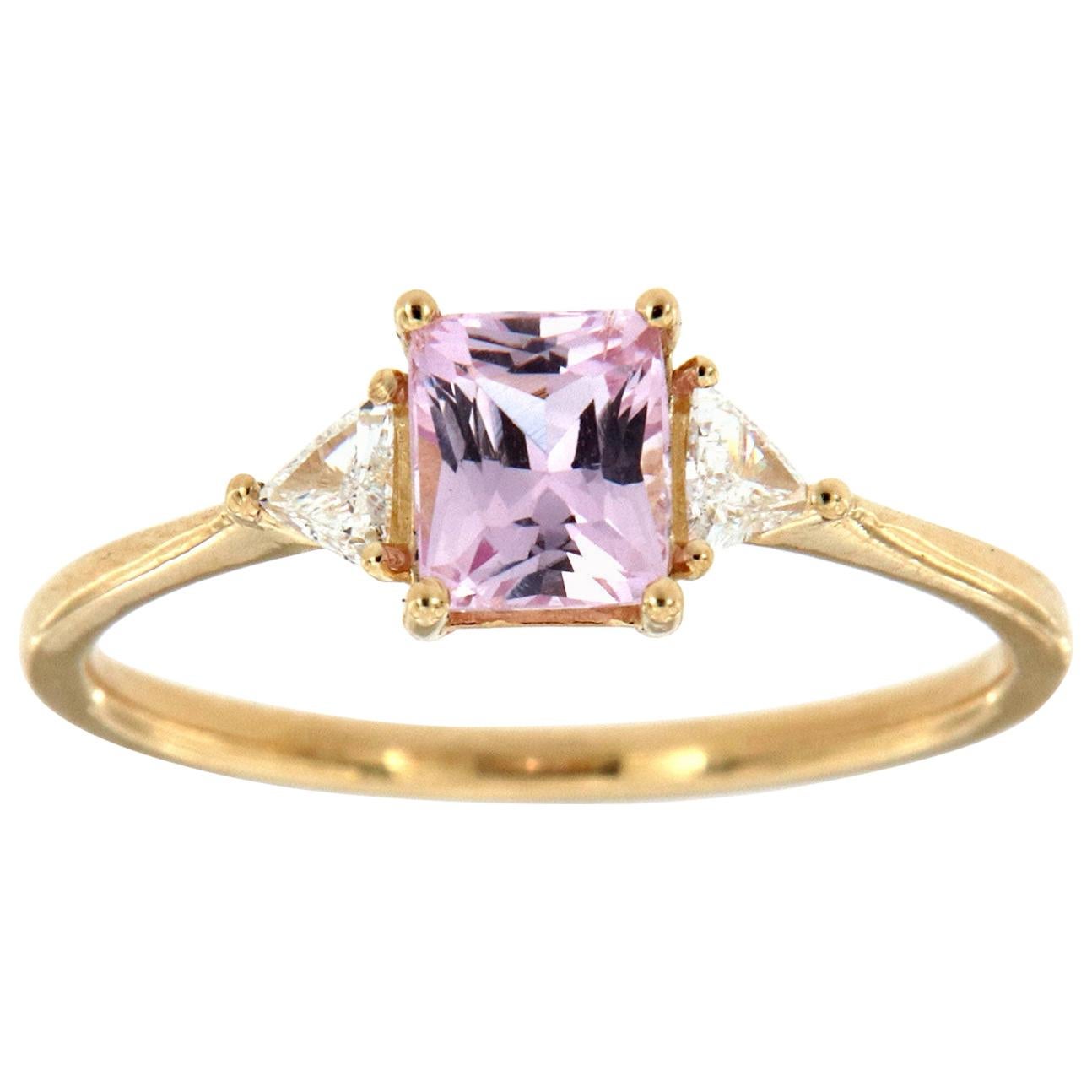 14K Yellow Gold Three-Stone Radinat Peach Sapphire Diamond Ring Center 0.97 CT For Sale