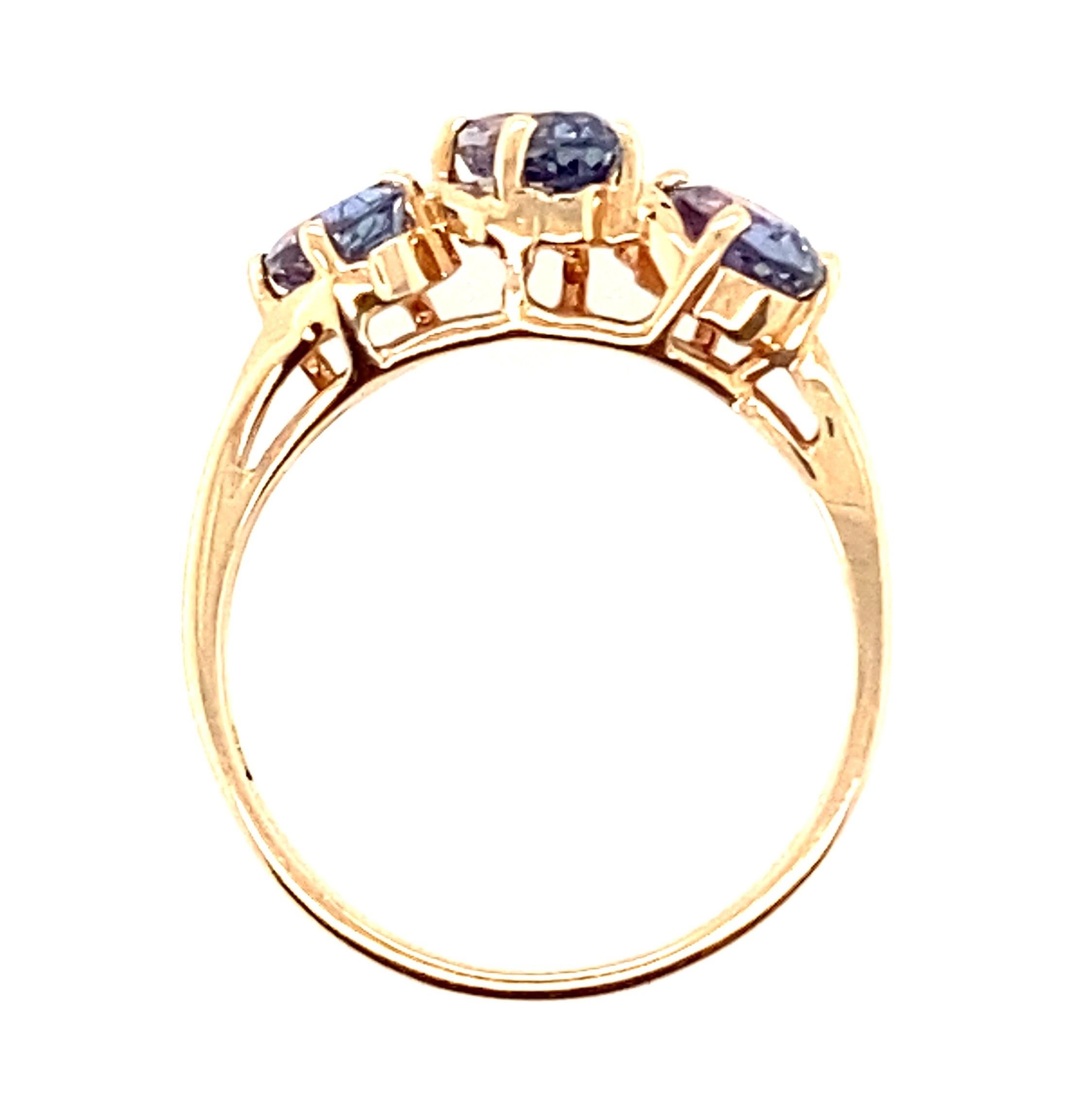 Women's or Men's 14K Yellow Gold Three Stone Tanzanite Ring December Birthstone For Sale