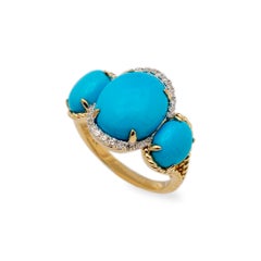 14K Yellow Gold Three Stone Turquoise Halo Diamond Twisted Rope Cocktail Ring