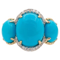14K Yellow Gold Three Stone Turquoise Halo Diamond Twisted Rope Cocktail Ring