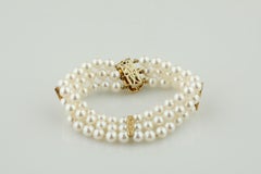 14k Yellow Gold Three-Strand Pearl Bracelet w/ Gold Accents