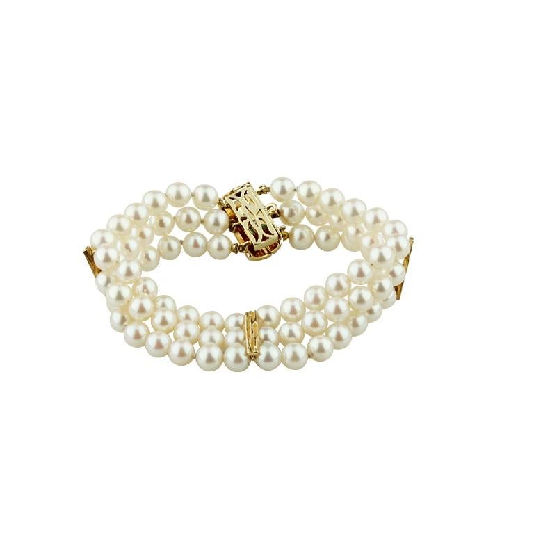 Bracelet en or jaune 14 carats à trois brins de perles avec accents en or de 17,78 cm de long Bon état - En vente à Sherman Oaks, CA
