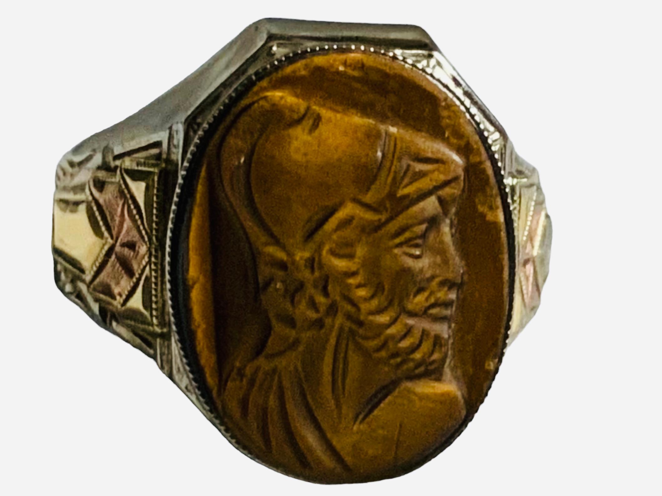 14K Yellow Gold Tiger Eye Cameo Ring For Sale 3