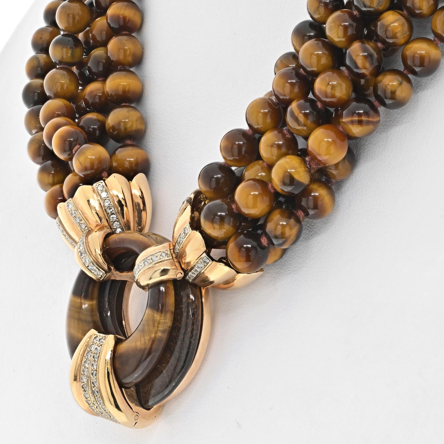 14K Gelbgold Tigerauge Mehrreihige Perlen-Diamant-Halskette (Rundschliff) im Angebot
