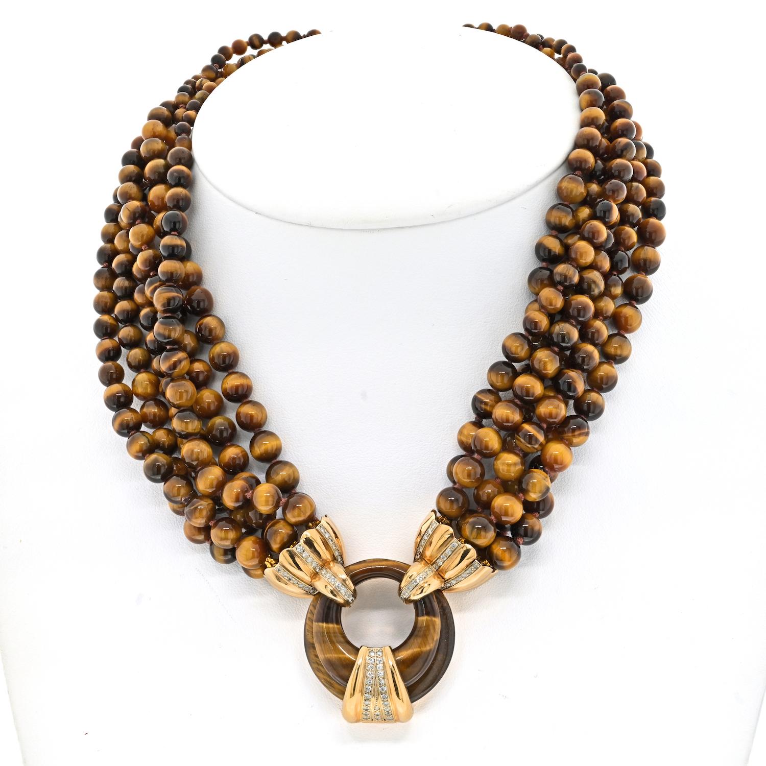 14K Yellow Gold Tiger Eye Multi-Strand Bead Diamond Necklace In Excellent Condition For Sale In New York, NY