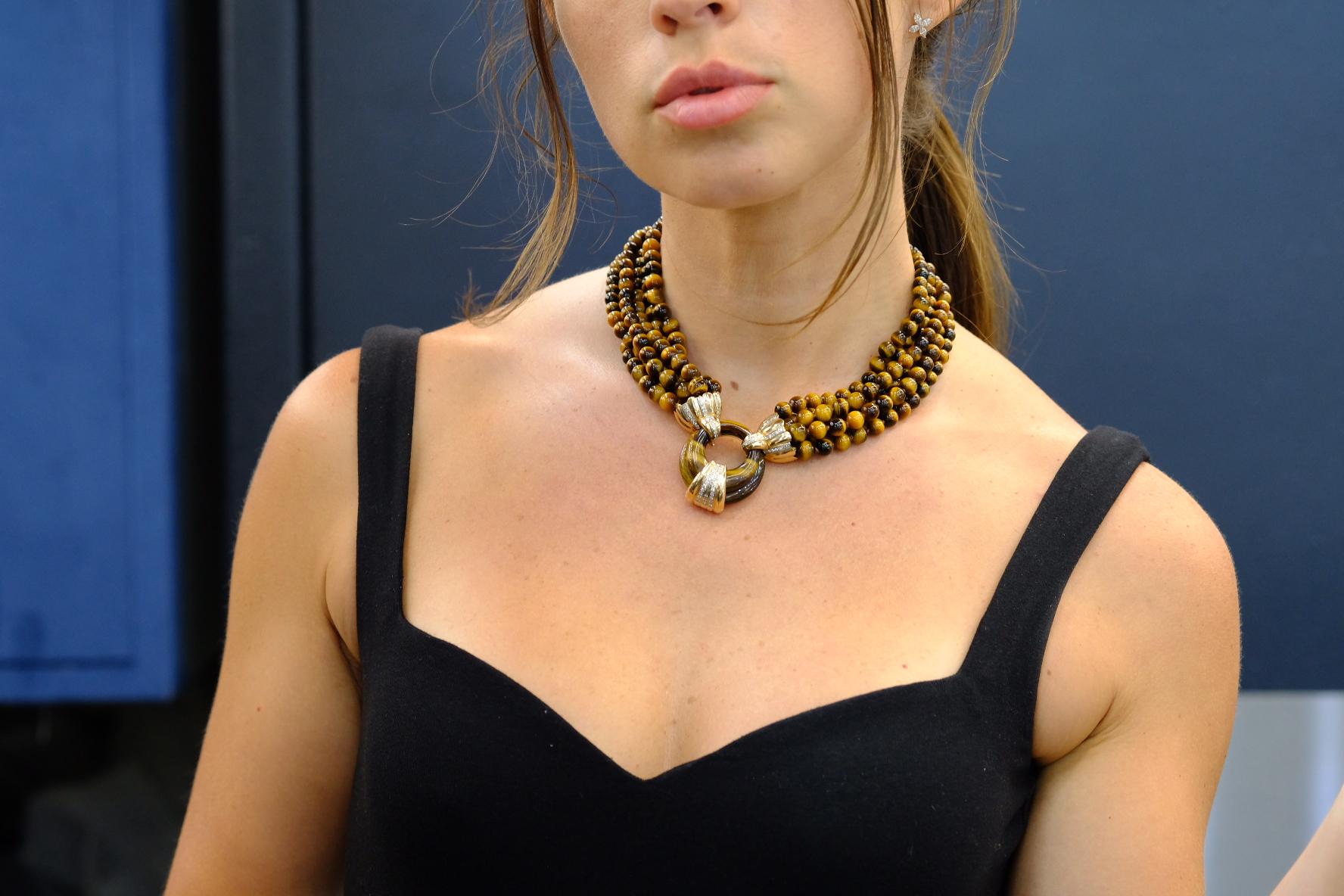 Women's 14K Yellow Gold Tiger Eye Multi-Strand Bead Diamond Necklace For Sale