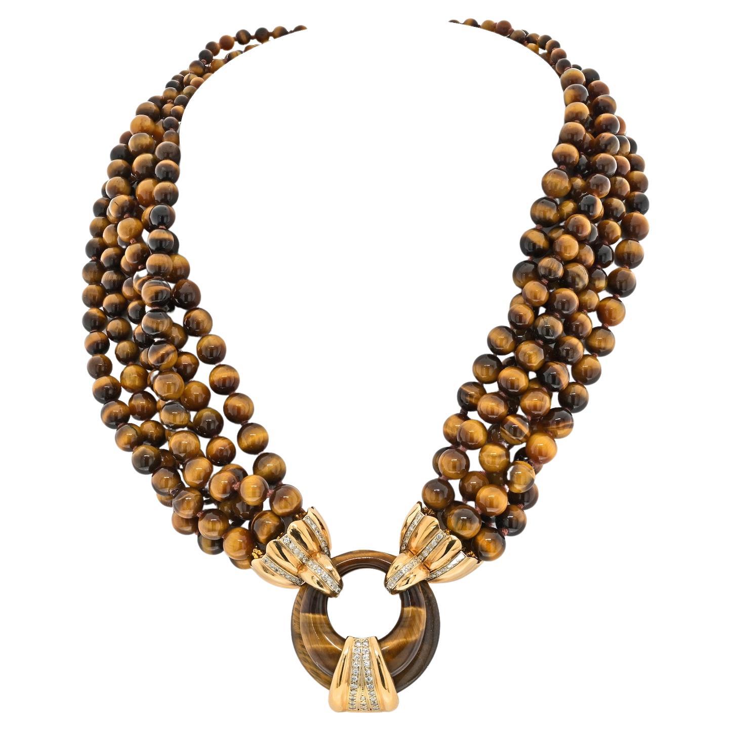 14K Yellow Gold Tiger Eye Multi-Strand Bead Diamond Necklace For Sale