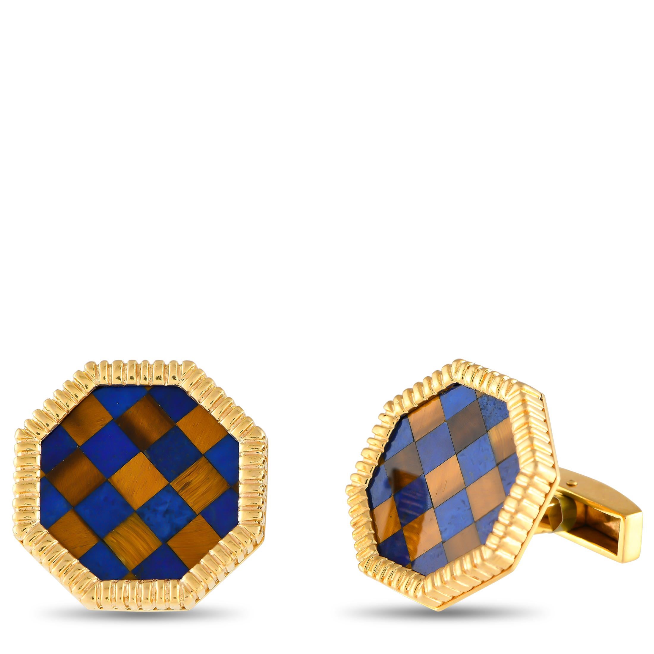 Blue Lapis and Tigers Eye gemstones come together in a charming checkerboard pattern on these upscale cufflinks. Crafted from 14K Yellow Gold, each one measures 0.85 round.This jewelry piece is offered in estate condition and includes a gift box.