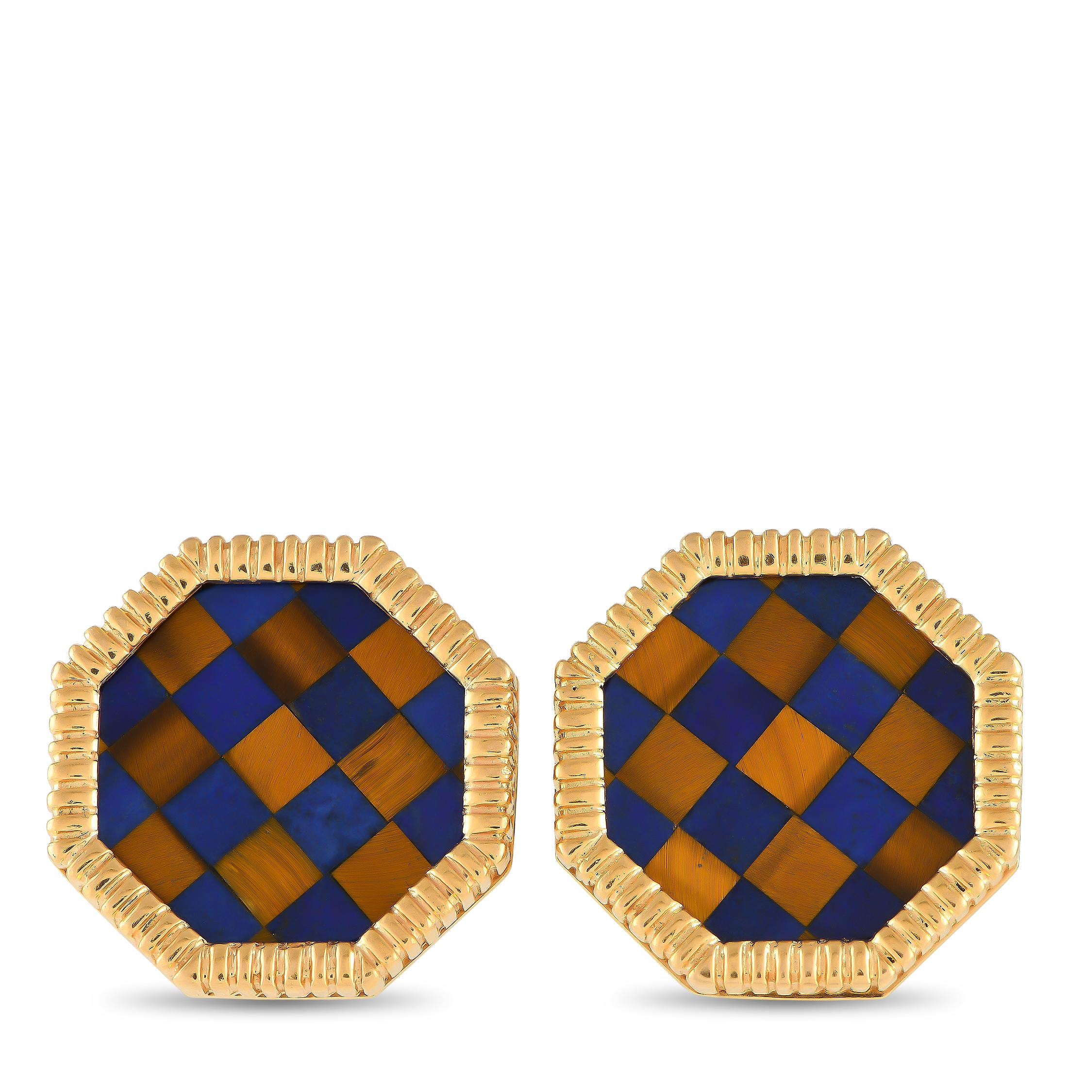 14K Yellow Gold Tigers Eye and Lapis Checkered Cufflinks MF13-012424 In Excellent Condition In Southampton, PA
