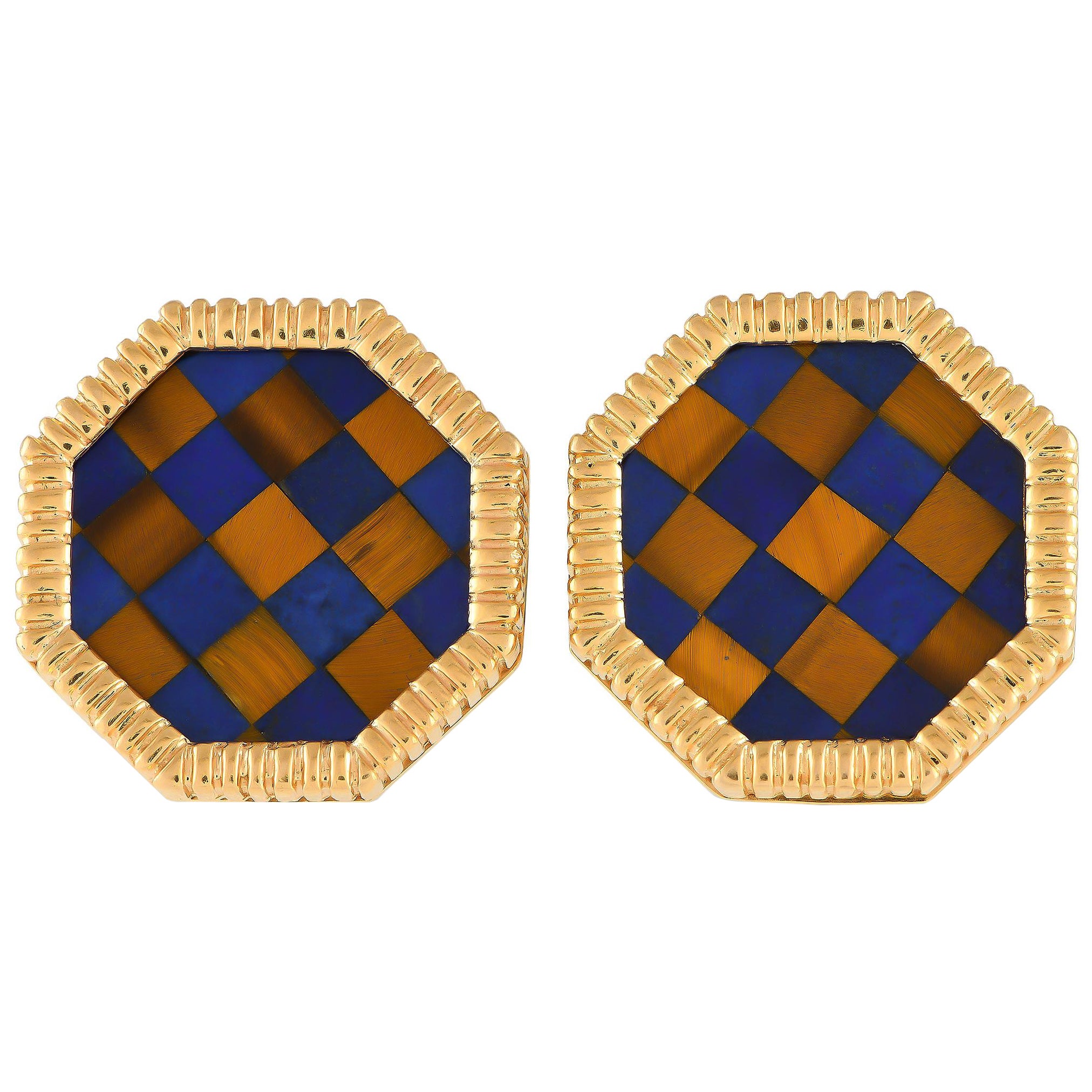 14K Yellow Gold Tigers Eye and Lapis Checkered Cufflinks MF13-012424