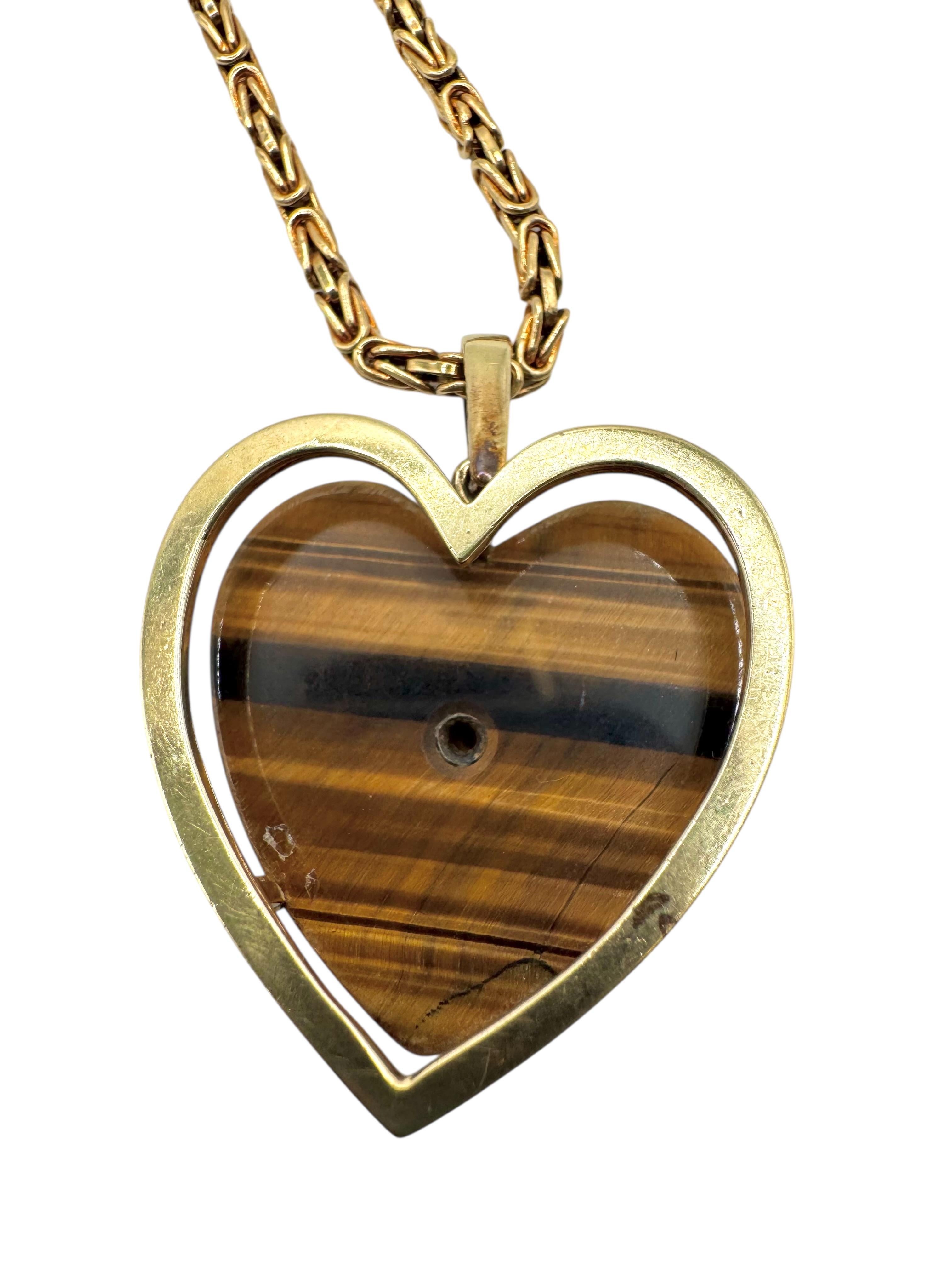 Collier en or jaune 14K en forme de coeur d'oeil de tigre avec accents de diamants en vente 1