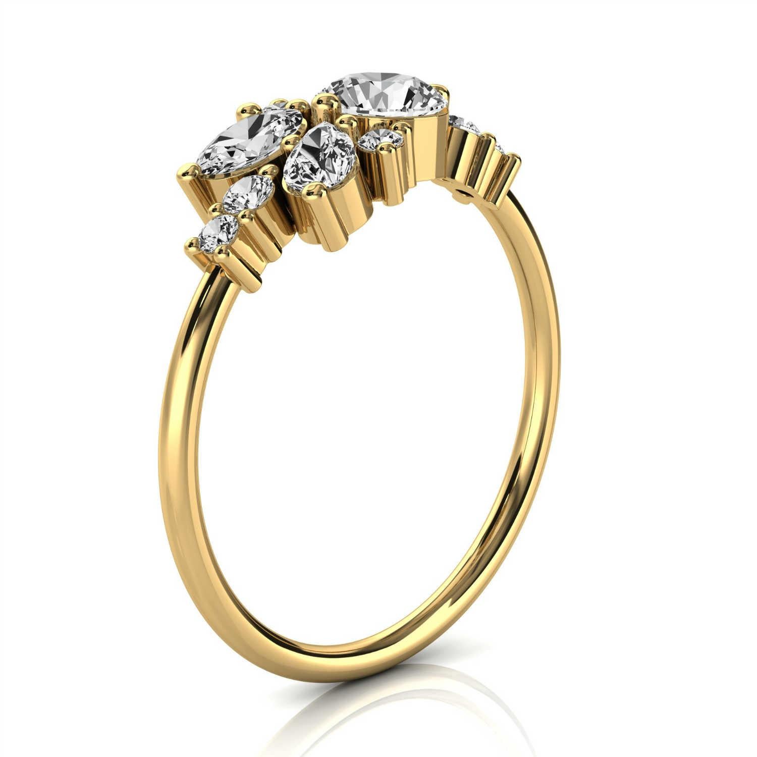 This Delicate ring features nine (9) diamonds scattered on top of a 1.2 mm band. This summer of love of Oval, Pear, and Round shape diamonds creates the ultimate organic ring. It's stackable-Its fun! Experience the difference in person!

Product