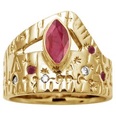 14k Yellow Gold Time Traveler Star Chart Angles Ring with Natural Marquis Ruby