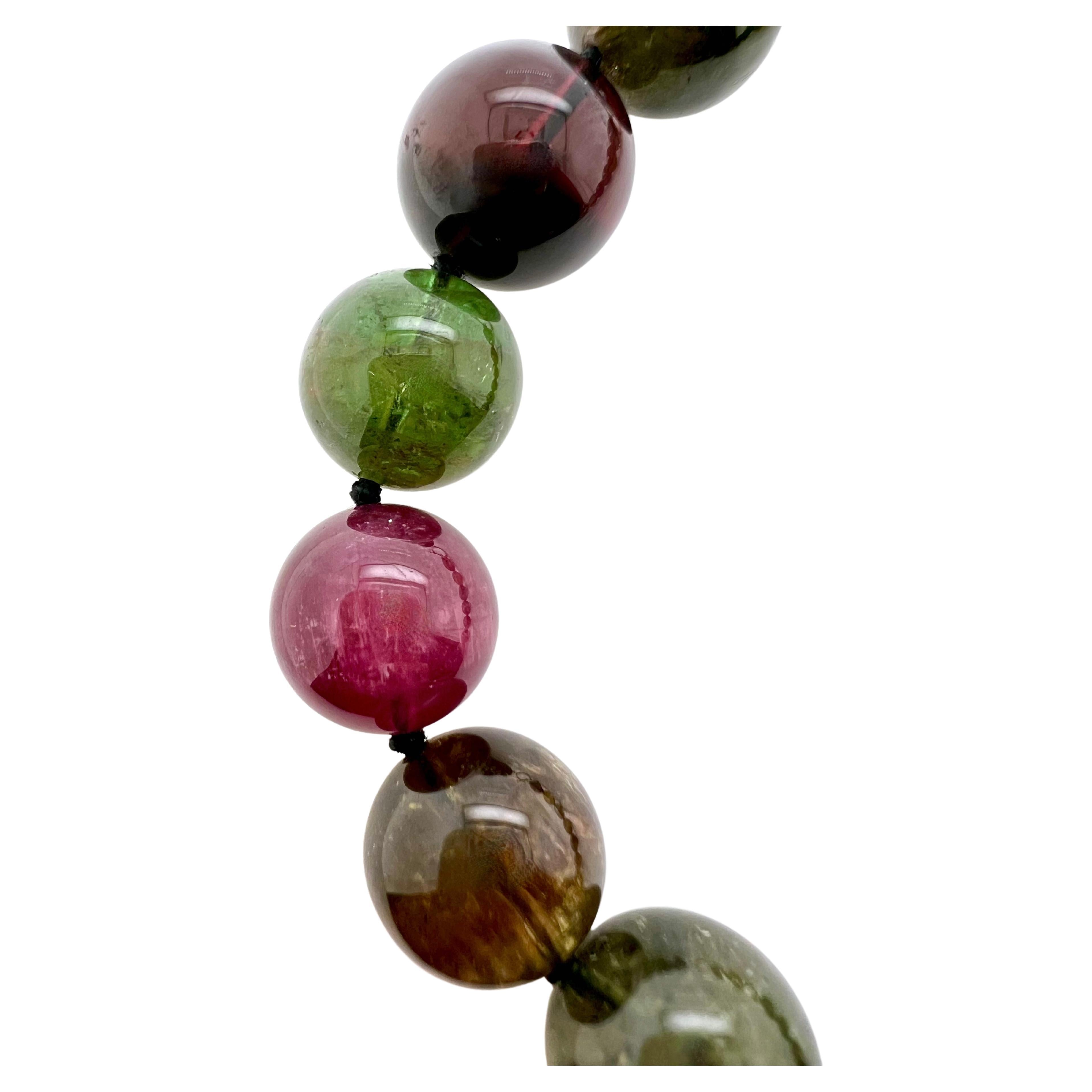 Round Cut 14k Yellow Gold Toggle with Long Strand Multi-Color Tourmaline Beads For Sale