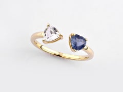 14K Yellow Gold Toi et Moi Open Ring with Heart and Trillion Cut Gemstones